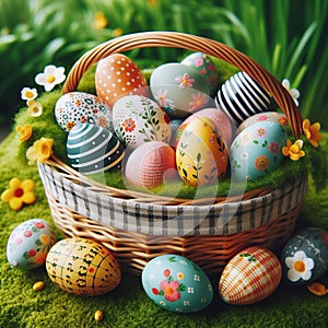 A wicker basket sits on green grass, filled with colorful Easter eggs.