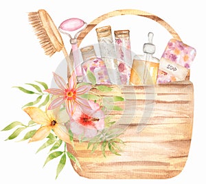 Wicker basket with spa care products watercolor illustration. Perfect for cosmetics packaging. Spa Supplies clipart, Soap and