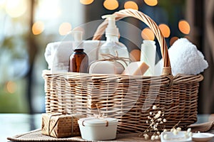 wicker basket with spa items like lotions and soaps as gifts