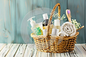 wicker basket with spa items like lotions and soaps as gifts
