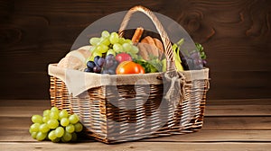 Wicker basket with tasty food for picnic on wooden background