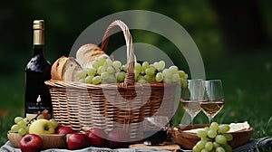 Wicker basket with tasty food, wine and plaid for picnic on green background