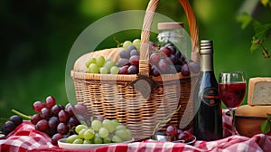 Wicker basket with tasty food, wine and plaid for picnic on green background