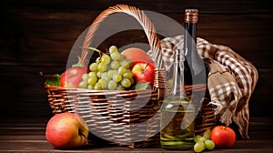 Wicker basket with tasty food, wine and plaid for picnic on green background