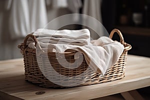 Wicker basket with washed dry linen close-up. Washday