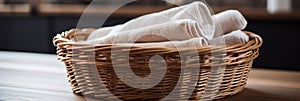 Wicker basket with washed dry linen close-up. Washday photo