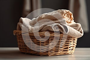 Wicker basket with washed dry linen close-up. Washday photo