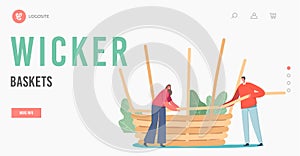 Wicker Basket Weaving Landing Page Template. Tiny Character Make Huge Wicker Pannier of Natural Material Willow