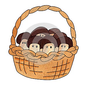 A wicker basket from which mushrooms with brown caps peep out