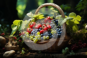 Wicker basket with with wild strawberries and grapes outdoors, forest background