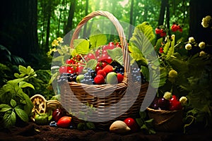 Wicker basket with with wild strawberries and grapes outdoors, forest background