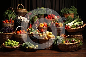 wicker baskets filled with fresh fruits and vegetables