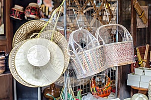 Wicker baskets made with bamboo and Hats woven made from palm leaves