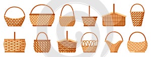 Wicker baskets. Picnic willow baskets, empty straw hampers, decorative wicker baskets with handle. Picnic baskets vector