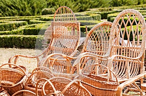 Wicker baskets and rattan armchairs at the fair