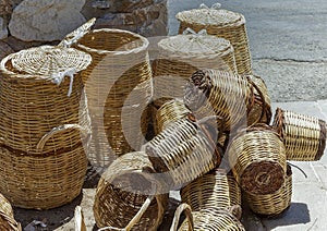 Wicker Baskets on sale . Isolated.