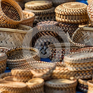 Wicker Baskets Seamless Pattern, New Wickerwork, Hand Made Basket Mockup, Bamboo Container