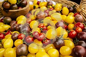 Wicker basketsfull of colorful red and yellow juicy tomatoes photo