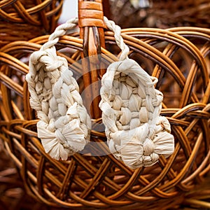 Wicker bast shoes on a wooden basket, Russian amulet