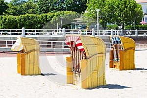 Wicker beach chairs at the beach of TravemÃ¼nde