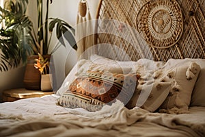 Wicker bed with vintage cushions in a cozy bohemian bedroom.