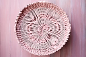 Wicker blush pink place mat on textured wood background. Backdrop for cosmetic products. Beauty product promotion mockup
