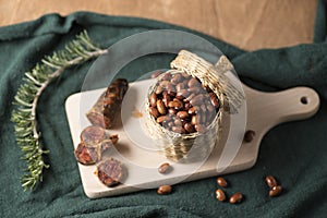 Wicker bowl full of black beans photo