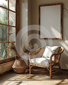 Wicker chair in room by window, a comfortable wood fixture