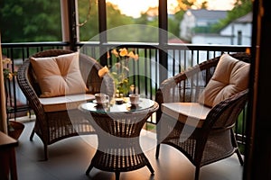 Wicker chairs and table. Terrace furniture. Generative AI