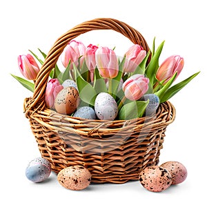 Wicker Easter Basket with eggs and tulips isolated on white background.