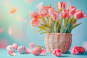 Wicker Easter Basket with eggs and tulips standing against blue background.