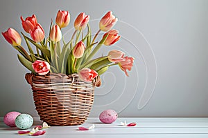 Wicker Easter Basket with eggs and tulips standing against grey background.