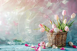 Wicker Easter Basket with eggs and tulips standing against painted background.