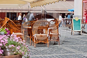 Wicker furniture at the outdoor cafe