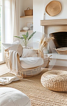 wicker furniture for a Scandinavian home interior design of a modern living room