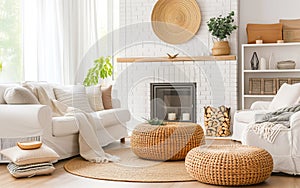 wicker furniture for a Scandinavian home interior design of a modern living room