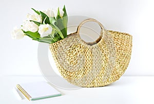 Wicker Handbag with Flowers Tulips, Spring Time, Summer Concept