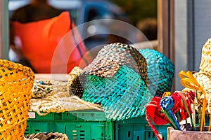 Wicker hats in the local market, Rarotonga, Aitutaki, Cook Islands. With selective focus