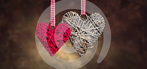 Wicker hearts made of straw, Vintage styled St. Valentine`s Day art design. Beautiful Valentine card design.