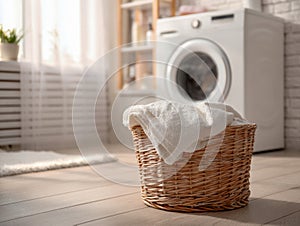 Wicker laundry basket with clean white towels in a bright and cozy laundry room featuring a modern front-loading washing machine