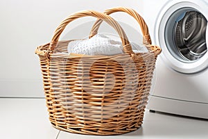 Wicker laundry basket filled with clean towels next to a modern washing machine.