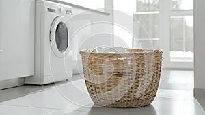 Wicker Laundry Hamper Adds Charm to a Stylish Modern Laundry Room with White Interior