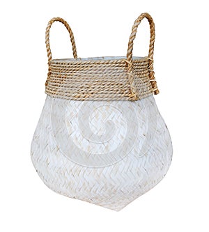 Wicker laundry white basket isolated on white background . Details of modern boho bohemian scandinavian and minimal