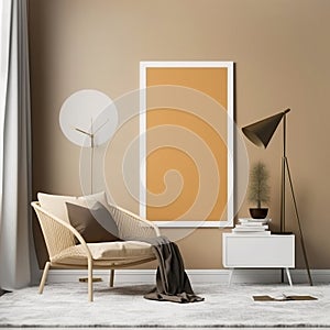 Wicker lounge chair near beige wall. Interior design of modern living room with empty blank mock up poster frame. Created with