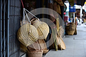 Wicker market Rattan basket.Rattan or bamboo handicraft hand made from natural straw basket.