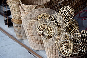 Wicker market Rattan basket.Rattan or bamboo handicraft hand made from natural straw basket.