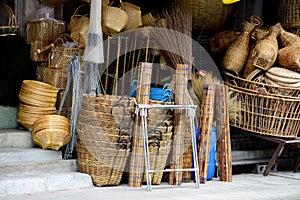 Wicker market Rattan basket.Rattan or bamboo handicraft hand made from natural straw basket.