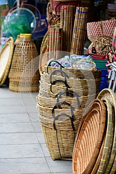 Wicker market Rattan basket.Rattan or bamboo handicraft hand made from natural straw basket.