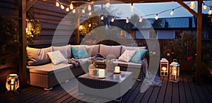 wicker patio furniture on a wooden deck beside lighting and lighting string