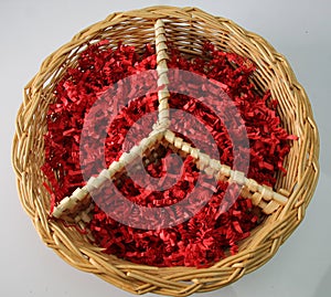 wicker peace basket with red filler for Valentines day celebrate LOVE